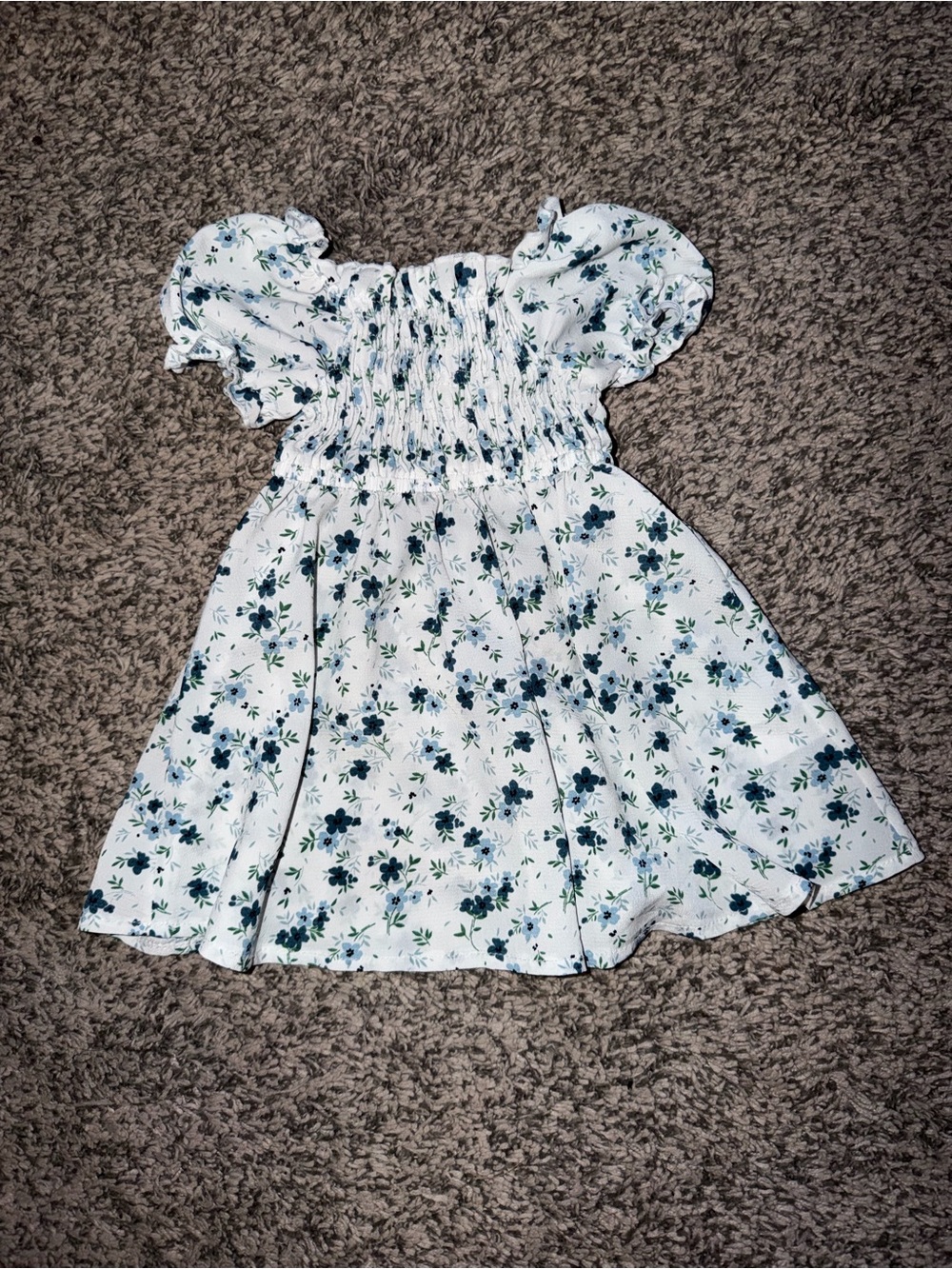 Smocked Floral Puff-Sleeve Kids Dress - White with Blue Flowers